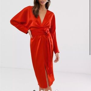 Red-orange midi dress. Perfect as a wedding guest or work event